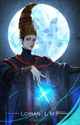Rule 34 | 1girl, absurdres, black hair, blue background, blue eyes, blue robe, casting spell, elden ring, full moon, gold bracelet, hands up, highres, large hat, long sleeves, looking at viewer, lorianlmf, magic, moon, ornate clothes, pale skin, photokinesis, red lips, rennala queen of the full moon, robe, short hair, yellow headwear