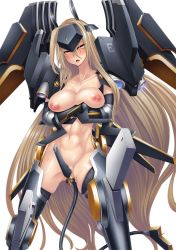 Rule 34 | 00s, 1girl, abs, alca steele, black thighhighs, blush, breast hold, breasts, cable, cable tail, cleavage, female focus, groin, headgear, highres, large breasts, long hair, looking at viewer, mechanical tail, muscular, navel, nipples, open mouth, pussy juice, shindol, simple background, solo, sweat, tail, taimanin (series), taimanin asagi, taimanin asagi kessen arena, teeth, thighhighs, toned, tongue, very long hair, white background, yellow eyes