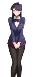 Rule 34 | 1girl, black hair, blazer, blush, bow, bowtie, breasts, breasts squeezed together, closed mouth, diagonal-striped bow, diagonal-striped clothes, diagonal-striped skirt, expressionless, feet out of frame, highres, jacket, knees together feet apart, komi-san wa komyushou desu, komi shouko, large breasts, long hair, long sleeves, looking at viewer, pale color, pantyhose, purple eyes, purple hair, senju (snz0), shirt, single sidelock, skirt, solo, striped bow, striped bowtie, striped clothes, striped skirt, swept bangs, v arms, white background, white shirt, wide hips