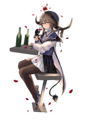 Rule 34 | 1girl, alcohol, animal ears, arknights, blue shirt, blush, bottle, brown hair, brown pantyhose, coat, cow ears, cow girl, cow tail, cup, drink, drinking glass, drunk, flower, from side, full body, green eyes, highres, holding, holding cup, long hair, long sleeves, looking at viewer, looking to the side, maria (syake-uni), open clothes, open coat, pallas (arknights), pantyhose, parted lips, petals, pleated skirt, red flower, red rose, rose, rose petals, shirt, simple background, sitting, skirt, solo, stool, tail, veil, white background, white coat, white skirt, wine, wine bottle, wine glass