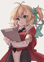 Rule 34 | 1girl, antenna hair, armband, black necktie, black skirt, blonde hair, blush, bow, breasts, cape, clipboard, collared shirt, commentary, cowboy shot, elf, green bow, green eyes, green ribbon, hair between eyes, hair bow, hand up, highres, holding, holding clipboard, holding pen, long sleeves, looking at object, medium breasts, medium hair, messina (mist train girls), mist train girls, necktie, parted lips, pelvic curtain, pen, pointy ears, red cape, red vest, ribbon, shirt, side ponytail, simple background, skirt, solo, tomisaka yorui, vest, white armband, white background, white shirt