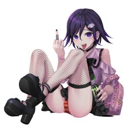 Rule 34 | 1boy, absurdres, barbell piercing, bare shoulders, black hair, black skirt, black thighhighs, bulge, chizoku sawa, clothing cutout, commentary request, crescent, crescent hair ornament, danganronpa (series), danganronpa v3: killing harmony, ear piercing, fishnet thighhighs, fishnets, frilled shirt collar, frills, hair between eyes, hair ornament, high heels, highres, industrial piercing, jewelry, jirai kei, male focus, middle finger, multiple piercings, oma kokichi, open mouth, orange panties, paddle, paid reward available, panties, piercing, pink shirt, platform footwear, platform heels, purple hair, red panties, ring, ringed eyes, shirt, short hair, shoulder cutout, skirt, solo, spike piercing, striped clothes, striped panties, table tennis paddle, thighhighs, tongue, tongue out, tongue piercing, trap, underwear, upskirt