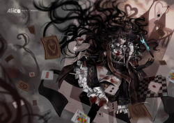 Rule 34 | 1girl, alice: madness returns, alice (alice in wonderland), american mcgee&#039;s alice, apron, black hair, blood, breasts, card, closed mouth, crown, dress, gloves, green eyes, highres, jupiter symbol, knife, long hair, looking at viewer, shali diyu, solo