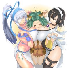 Rule 34 | 3girls, absurdres, age difference, anagumasan, animal ears, animal hands, ass, between breasts, black hair, breast press, breasts, breasts squeezed together, butt crack, cat girl, cham cham, closed eyes, dark-skinned female, dark skin, girl sandwich, green hair, head between breasts, highres, huge breasts, iroha (samurai spirits), large breasts, long hair, looking at viewer, maid, maid headdress, maid leotard, majikina mina, medium hair, multiple girls, ponytail, samurai spirits, sandwiched, short hair, silver hair, snk, thighhighs, unconventional maid, yuri