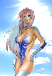 Rule 34 | 00s, 1girl, birdy cephon altera, blue eyes, breasts, cleavage, cloud, day, dyed bangs, gloves, large breasts, leotard, multicolored hair, pink hair, sky, solo, sun, tetsuwan birdy, tetsuwan birdy decode, thighhighs, two-tone hair, ueyama michirou