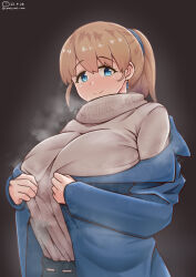 Rule 34 | 1girl, blue coat, blue eyes, blue jacket, brown hair, coat, earrings, highres, intrepid (kancolle), jacket, jewelry, kantai collection, light brown hair, looking at viewer, ponytail, shiromaru (maniado), shirt, smile, solo, steam, sweater, turtleneck, turtleneck sweater