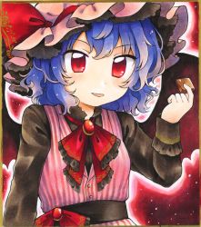 Rule 34 | 1girl, bat wings, black sash, black shirt, black wings, bow, commentary request, hat, hat bow, highres, long sleeves, maa (forsythia1729), marker (medium), mob cap, pink hat, pink vest, red bow, remilia scarlet, sash, shirt, striped clothes, striped vest, touhou, traditional media, vest, wings