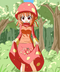 Rule 34 | 1girl, :d, blue sky, bush, clothes lift, creatures (company), day, dress, forest, game freak, gen 1 pokemon, hat, highres, long sleeves, looking at viewer, mushroom, nature, nintendo, open mouth, orange hair, outdoors, paras, personification, pokemon, pokemon (creature), red dress, red eyes, red hat, skirt, skirt basket, skirt lift, sky, smile, solo, standing, sws, tree