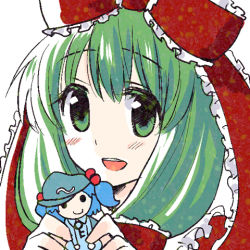Rule 34 | 1girl, bad id, bad pixiv id, bow, character doll, doll, faux traditional media, female focus, front ponytail, green eyes, green hair, hair bobbles, hair bow, hair ornament, kagiyama hina, kawashiro nitori, lowres, matching hair/eyes, myama, portrait, solo, touhou, twintails, two side up