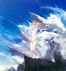 Rule 34 | 1girl, ajahweea, bare legs, bare shoulders, blonde hair, blue eyes, blue sky, blunt bangs, bracelet, breasts, clothes lift, clothes tug, cloud, cloudy sky, day, dress, dress tug, earrings, floating hair, full body, gem, hand in own hair, highres, holding, holding clothes, holding dress, holding skirt, jewelry, long hair, looking at viewer, original, outdoors, parted lips, pointy ears, rock, ruffling hair, skirt, skirt lift, sky, sleeveless, sleeveless dress, small breasts, solo, standing, stone, torn clothes, torn dress, white dress, wind, wind lift