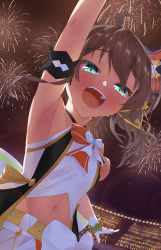 Rule 34 | :d, ahoge, aqua eyes, arm garter, arm up, armband, armpits, belt, bow, bowtie, breasts, brown hair, cowboy shot, cropped shirt, crying, fireworks, gloves, hair between eyes, highres, hololive, idol, idol clothes, masaya tayo, midriff, natsuiro matsuri, navel, nonstop story, official alternate costume, open mouth, orange bow, orange bowtie, shirt, short hair, side ponytail, sleeveless, small breasts, smile, solo, stage, sweat, virtual youtuber, white gloves, white shirt