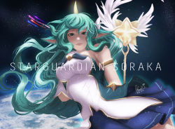 Rule 34 | 1girl, absurdres, alternate costume, alternate hair color, animal ears, armlet, artist name, bare shoulders, blue skirt, breasts, dated, earth (planet), elbow gloves, gloves, green eyes, green hair, highres, horns, league of legends, long hair, looking at viewer, magical girl, mamori, pointy ears, sidelocks, single horn, skirt, solo, soraka (league of legends), space, staff, star guardian (league of legends), star guardian soraka, thighhighs, very long hair, white gloves, wings