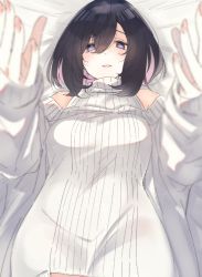 Rule 34 | 1girl, bare shoulders, black hair, blurry, blurry foreground, blush, breasts, clothing cutout, colored inner hair, copyright request, depth of field, dress, hair between eyes, hands up, long sleeves, looking at viewer, lying, medium breasts, multicolored hair, nekoume, on back, outstretched arms, parted lips, pink hair, purple eyes, ribbed sweater, short hair, shoulder cutout, sleeves past wrists, smile, solo, sweater, sweater dress, turtleneck, turtleneck sweater, white sweater