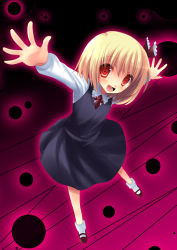Rule 34 | 1girl, blonde hair, darkness, embodiment of scarlet devil, female focus, hair ribbon, necktie, outstretched arms, red eyes, ribbon, rumia, short hair, solo, spread arms, touhou, yukizuki chikuba