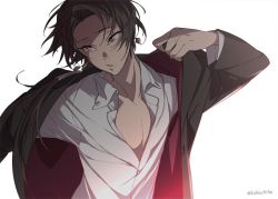 Rule 34 | 10s, 1boy, brown hair, collarbone, dalc rose, earrings, jacket, jewelry, kashuu kiyomitsu, long hair, male focus, mole, mole under mouth, open clothes, open shirt, red eyes, shirt, simple background, solo, touken ranbu, twitter username