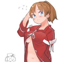 Rule 34 | 1girl, arm behind back, blue eyes, blush, breast envy, breasts, brown hair, chibi, chibi inset, co botan, cosplay, flying sweatdrops, highres, intrepid (kancolle), japanese clothes, kantai collection, kariginu, looking at viewer, medium breasts, navel, open clothes, ponytail, red shirt, ryuujou (kancolle), ryuujou (kancolle) (cosplay), shirt, simple background, smile, solo, solo focus, underboob, upper body, white background
