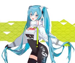 Rule 34 | 1girl, absurdres, asymmetrical bodysuit, black bodysuit, black gloves, blue eyes, blue hair, bodysuit, boots, bush, cropped jacket, gloves, goodsmile racing, green gloves, hatsune miku, highres, jacket, long hair, long sleeves, miermere, open mouth, racing miku, racing miku (2022), single leg bodysuit, single thigh boot, smile, solo, thigh boots, twintails, two-tone gloves, very long hair, vocaloid, white jacket
