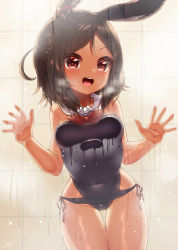 Rule 34 | 1girl, against glass, animal ears, azur lane, bathroom, blue one-piece swimsuit, bow, breast press, breasts, breasts on glass, brown hair, covered navel, dark-skinned female, dark skin, detached collar, ear ribbon, highres, i-26 (azur lane), indoors, nontraditional school swimsuit, one-piece swimsuit, rabbit ears, ribbon-trimmed swimsuit, ribbon trim, sailor collar, school swimsuit, short hair, shower (place), side-tie swimsuit, small breasts, solo, steam, strapless, strapless one-piece swimsuit, swimsuit, tile wall, tiles, water, wet, white sailor collar, yufukiri