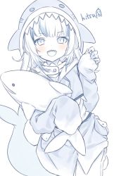 Rule 34 | 1girl, :d, animal hood, artist name, blue hair, blush, commentary, english commentary, fins, fish tail, gawr gura, hand up, highres, hitsukuya, hololive, hololive english, hood, hood up, hoodie, long hair, long sleeves, looking at viewer, multicolored hair, open mouth, pinching sleeves, shark hood, shark tail, sharp teeth, signature, simple background, sleeves past fingers, sleeves past wrists, smile, solo, streaked hair, stuffed animal, stuffed shark, stuffed toy, tail, teeth, unfinished, virtual youtuber, white background