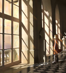 Rule 34 | 1girl, arch, bad id, bad pixiv id, blonde hair, boots, checkered floor, floating hair, floor, full body, indoors, long hair, looking afar, nabana, pixiv fantasia, pixiv fantasia 1, pointy ears, profile, scenery, sculpture, shadow, solo, standing, sunlight, sunset, vanishing point, wide shot, window, window shadow