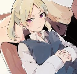Rule 34 | 1girl, bad id, bad twitter id, blonde hair, blue vest, collared shirt, copyright request, couch, fingernails, highres, interlocked fingers, lap pillow, long sleeves, looking at viewer, lying, musshu (omu001), on back, own hands clasped, own hands together, purple eyes, shirt, short hair, sketch, solo focus, vest, white shirt, wing collar