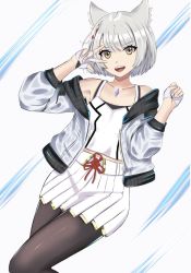 Rule 34 | 1girl, :d, animal ears, cat ears, fingerless gloves, gloves, jacket, langspower, looking at viewer, mio (xenoblade), open mouth, pantyhose, pleated skirt, shirt, short hair, skirt, smile, solo, standing, tank top, white hair, white shirt, white skirt, xenoblade chronicles (series), xenoblade chronicles 3, yellow eyes