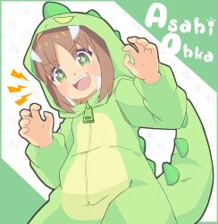Rule 34 | + +, 1girl, :d, brown hair, character name, claw pose, commentary request, dinosaur costume, fang, green eyes, hood, hood up, jamo tan, long sleeves, looking at viewer, male-female symbol, oka asahi, onesie, onii-chan wa oshimai!, open mouth, short hair, simple background, smile, solo, tail, zipper pull tab