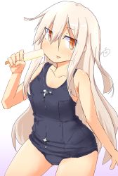 Rule 34 | 1girl, black one-piece swimsuit, commentary request, cowboy shot, food, highres, kantai collection, kikuzuki (kancolle), looking at viewer, one-piece swimsuit, orange eyes, popsicle, school swimsuit, simple background, solo, swimsuit, tongue, tongue out, ver norma2, white background, white hair