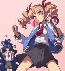 Rule 34 | 2girls, baseball bat, black skirt, blue bow, blue eyes, blue hair, blue jacket, bow, brown eyes, chewing gum, clenched hands, closed mouth, collared shirt, cosplay, drill hair, hair between eyes, hair bow, highres, holding, holding baseball bat, jacket, kunio-kun series, kyoko (kunio-kun), kyoko (kunio-kun) (cosplay), light brown hair, long hair, long sleeves, misako (kunio-kun), misako (kunio-kun) (cosplay), multiple girls, necktie, open clothes, open jacket, pleated skirt, red necktie, river city girls, shirt, siblings, sisters, skirt, syope, touhou, twin drills, twintails, white shirt, yorigami jo&#039;on, yorigami shion