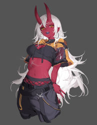 Rule 34 | 1girl, absurdres, akumi (yoclesh), arm behind back, black nails, black pants, breasts, cleavage, colored skin, crop top, fingernails, grey background, hair between eyes, highres, horns, long fingernails, long hair, looking at viewer, medium breasts, midriff, nail polish, navel, oni horns, open mouth, orange eyes, pants, pointy ears, red skin, scar, scar on face, scar on stomach, shisantian, short hair, simple background, solo, teeth, virtual youtuber, vyugen, white hair