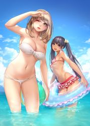 Rule 34 | 2girls, arm up, armpits, bad id, bad twitter id, ball, bandeau, bare shoulders, beachball, bikini, bikini skirt, blonde hair, blue eyes, blue hair, blue sky, breasts, brown eyes, cleavage, cloud, collarbone, commentary, day, fang, hair ornament, highres, holding, innertube, large breasts, lips, looking at viewer, masami chie, multiple girls, navel, one eye closed, open mouth, original, outdoors, parted lips, partially submerged, sky, small breasts, smile, striped bikini, striped clothes, swim ring, swimsuit, tan, tanline, twintails, wading, water, wet