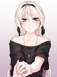 Rule 34 | 1girl, 1other, 2poet, an-94 (girls&#039; frontline), bare shoulders, blue eyes, blush, girls&#039; frontline, gradient background, grey hair, hairband, highres, holding hands, jewelry, long hair, looking at viewer, necklace, out of frame, pov, ribbon, ring, smile, tears, very long hair, wedding band