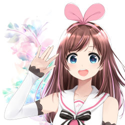 Rule 34 | 1girl, :d, absurdres, blue eyes, blush, brown hair, commentary request, floral background, hairband, highres, kizuna ai, kizuna ai inc., lace-trimmed sleeves, lace trim, long hair, looking at viewer, multicolored hair, open mouth, pink hair, pink hairband, pink ribbon, ribbon, ririka (ab-yuri), sailor collar, salute, smile, solo, streaked hair, upper body, virtual youtuber, white background