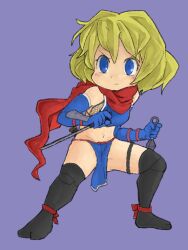 Rule 34 | 1girl, alice margatroid, black thighhighs, blonde hair, blue eyes, blue gloves, blush, breasts, closed mouth, commentary, cookie (touhou), elbow gloves, fighting stance, fishnet top, fishnets, full body, gloves, groin, holding, holding knife, kanakamei1, knife, kunai, looking afar, medium bangs, medium breasts, medium hair, navel, ninja, no shoes, pelvic curtain, purple background, red scarf, scarf, short sword, solo, standing, sword, tabi, tantou, thighhighs, touhou, v-shaped eyebrows, weapon, web (cookie), white background