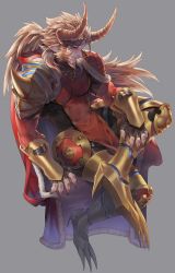 Rule 34 | 1boy, armor, blonde hair, blue eyes, brown gloves, cape, claws, facial hair, fingerless gloves, fur-trimmed cape, fur trim, gloves, greaves, grey background, horns, knee pads, long hair, male focus, original, pauldrons, pointy ears, ponytail, red cape, shield, shoulder armor, sideburns, simple background, solo, tight clothes, turtleneck, vambraces, winter (winter168883)