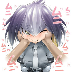 Rule 34 | 10s, 1girl, blush, breasts, collared shirt, fingerless gloves, gloves, grey hair, hair between eyes, hands on another&#039;s cheeks, hands on another&#039;s face, head wings, heart, kemono friends, looking at viewer, necktie, one eye closed, pov, shirt, shoebill (kemono friends), staring, watarui, wavy mouth, wings, yellow eyes