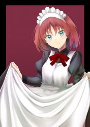 Rule 34 | 1girl, absurdres, apron, aqua eyes, black dress, bow, bowtie, closed mouth, commentary request, dress, highres, hisui (tsukihime), juliet sleeves, long sleeves, looking at viewer, maid, maid apron, maid headdress, puchitoro2, puffy sleeves, red bow, red bowtie, red hair, short hair, skirt, skirt hold, smile, solo, tsukihime, tsukihime (remake), white apron