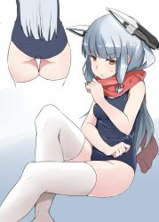 Rule 34 | 10s, 1girl, aqua hair, bare shoulders, blunt bangs, colored eyelashes, gradient background, headgear, kantai collection, long hair, looking at viewer, murakumo (kancolle), one-piece swimsuit, red eyes, red scarf, scarf, school swimsuit, school uniform, solo, sweat, swimsuit, thighhighs, white thighhighs, wk (low-f)