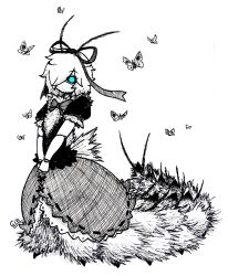 Rule 34 | 1girl, absurdres, antennae, blue eyes, bow, bowtie, bug, butterfly, caterpillar, caterpillar girl, commentary, english commentary, full body, gin ichimaru72, greyscale, hair over one eye, hair ribbon, highres, insect, looking at viewer, medicine melancholy, monochrome, monster girl, ribbon, short hair, short sleeves, signature, simple background, solo, touhou, v arms