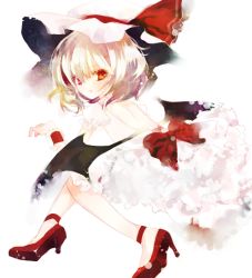 Rule 34 | 1girl, bad id, bad pixiv id, bat wings, female focus, hat, high heels, prino hawell, red eyes, remilia scarlet, shoes, short hair, silver hair, solo, touhou, white background, wings, wrist cuffs