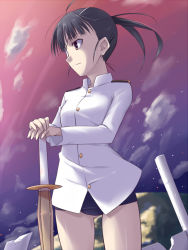 Rule 34 | 1girl, animal ears, antenna hair, black hair, blunt bangs, brown eyes, buttons, cloud, eyepatch, flat chest, level.21, long hair, looking away, military, military uniform, night, night sky, no pants, one-piece swimsuit, outdoors, ponytail, sakamoto mio, school swimsuit, shinai, sky, smile, solo, standing, star (sky), starry sky, strike witches, sunset, swimsuit, swimsuit under clothes, sword, thighs, uniform, weapon, world witches series