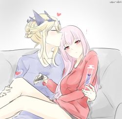 Rule 34 | !, 2girls, artist name, artoria pendragon (fate), artoria pendragon (lancer alter) (fate), blonde hair, blue shirt, blush, braid, casual, collarbone, controller, couch, closed eyes, fate/grand order, fate (series), florence nightingale (fate), french braid, head kiss, heart, holding, horns, kiss, long hair, long sleeves, multiple girls, pink hair, red eyes, red shirt, remote control, shirt, sitting, udon-udon, yuri