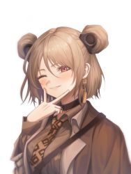 Rule 34 | 1girl, 4sm98, absurdres, blush, breasts, brown shirt, coat, collar, collared shirt, commission, dress shirt, earrings, girls&#039; frontline, highres, jewelry, light brown hair, medium breasts, necktie, official alternate costume, one eye closed, p90 (girls&#039; frontline), p90 (the girl from b.e.l) (girls&#039; frontline), parted lips, pixiv commission, portrait, red eyes, shirt, short hair, smile, solo, white background