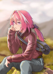 Rule 34 | 1boy, absurdres, astolfo (fate), black bow, blurry, blurry background, bow, commentary request, fang, fate/apocrypha, fate/grand order, fate (series), hair bow, highres, jacket, jtleeklm, long hair, long sleeves, male focus, multicolored hair, outdoors, pink hair, pink jacket, ponytail, purple eyes, sitting, skin fang, solo, streaked hair, trap, white hair