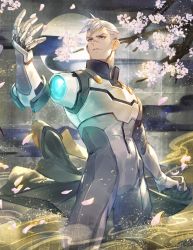 Rule 34 | 1boy, bomssp, cherry blossoms, detached arm, full moon, highres, holding, holding clothes, holding jacket, jacket, unworn jacket, male focus, moon, pilot suit, prosthesis, prosthetic arm, scar, solo, takashi shirogane, voltron: legendary defender, voltron (series), white hair