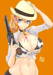 1girl, 2021, abs, adjusting clothes, adjusting headwear, animal print, artist logo, artist name, bangs, bell, neck bell, bikini, bikini under clothes, black choker, blue eyes, breasts, choker, cleavage, closed mouth, collared shirt, commentary, cow print, cowbell, cowboy hat, ear clip, earrings, english text, front-tie top, gun, hair tie, handgun, happy new year, hat, highres, holding, holding gun, holding weapon, jewelry, large breasts, long sleeves, looking at viewer, medium hair, navel, new year, orange hair, original, print bikini, revolver, shirt, side ponytail, signature, simple background, sleeves rolled up, smile, solo, stud earrings, swimsuit, tokihama jirou, upper body, weapon, white bikini, white shirt, yellow headwear