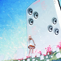 Rule 34 | 1girl, arms at sides, asgr, blue eyes, dress, flower, hecatoncheir, highres, leaning back, long hair, looking up, original, polka dot, polka dot background, snow, solo, standing, sundress, surreal, white hair