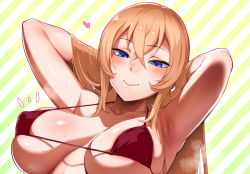Rule 34 | 1girl, ^^^, armpits, arms behind head, arms up, bad id, bad pixiv id, bare arms, bare shoulders, bikini, blonde hair, blue eyes, blush, breasts, closed mouth, collarbone, colored skin, covered erect nipples, crossed bangs, diagonal stripes, heart, ikuchan kaoru, large breasts, long hair, multicolored skin, original, purple bikini, skindentation, smile, solo, steaming body, strap gap, string bikini, striped, striped background, sweat, swimsuit, underboob, upper body, wavy mouth, yellow background