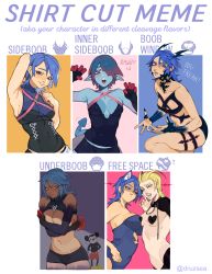 Rule 34 | absurdres, animal ear fluff, animal ears, aqua (kingdom hearts), aqua skin, armpit crease, armpits, asymmetrical docking, bike shorts, blonde hair, blue eyes, blue hair, blush, breast press, breasts, cat ears, colored skin, commentary, copyright name, covered navel, crossed arms, demon tail, disney, elbow gloves, embarrassed, english text, fingerless gloves, gloves, green eyes, hair over one eye, halterneck, heart pasties, highres, horns, kingdom hearts, larxene, looking at viewer, medium breasts, meme, mickey mouse, midriff peek, monster girl, mouse ears, mouse tail, multicolored skin, multiple drawing challenge, multiple girls, nail polish, navel, pasties, pointy ears, porqueloin, red shorts, revealing clothes, sharp teeth, shirt cut meme, shirt cut meme, short hair, shorts, sideboob, skin tight, skindentation, small breasts, tail, teeth, thigh strap, toned, twitter username, underboob, yellow eyes, yellow nails