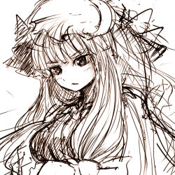 Rule 34 | 1girl, brown theme, crescent moon, female focus, hat, long hair, monochrome, moon, patchouli knowledge, sketch, solo, suisai (suisao), touhou